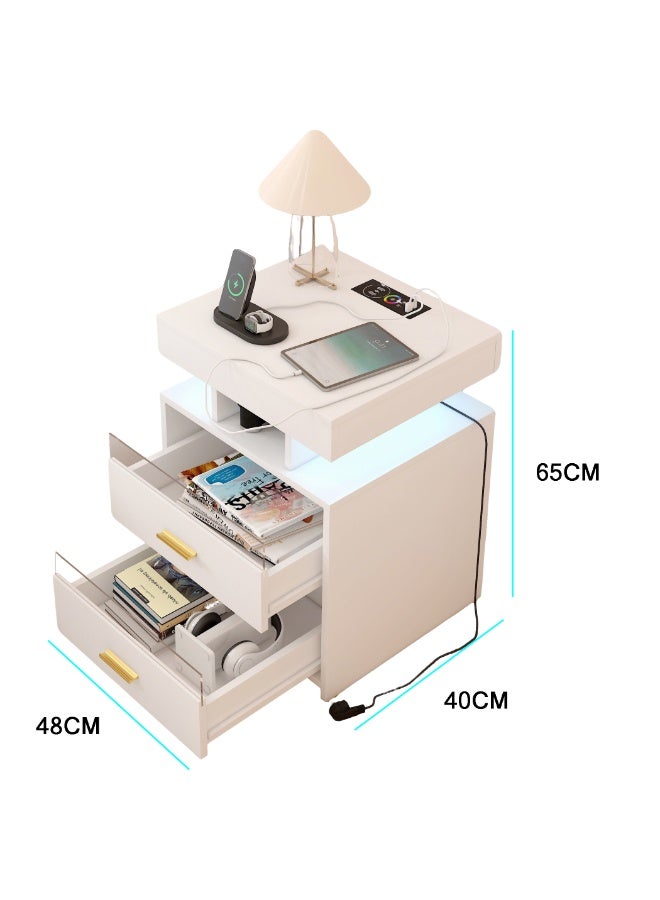 Nightstand with Wireless Charging Station, 2 Drawers Bedside Table with LED Light & USB Charging Port, Modern End Table with Storage for Bedroom, Living Room, CT060, White - Image 2
